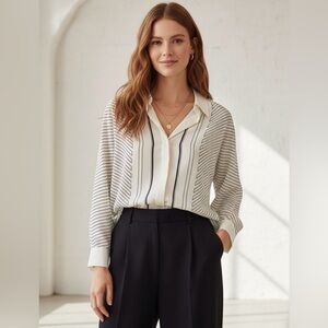 Mango NWT Cream & Black Striped Lineas Geometric Button Down Shirt | Sz S